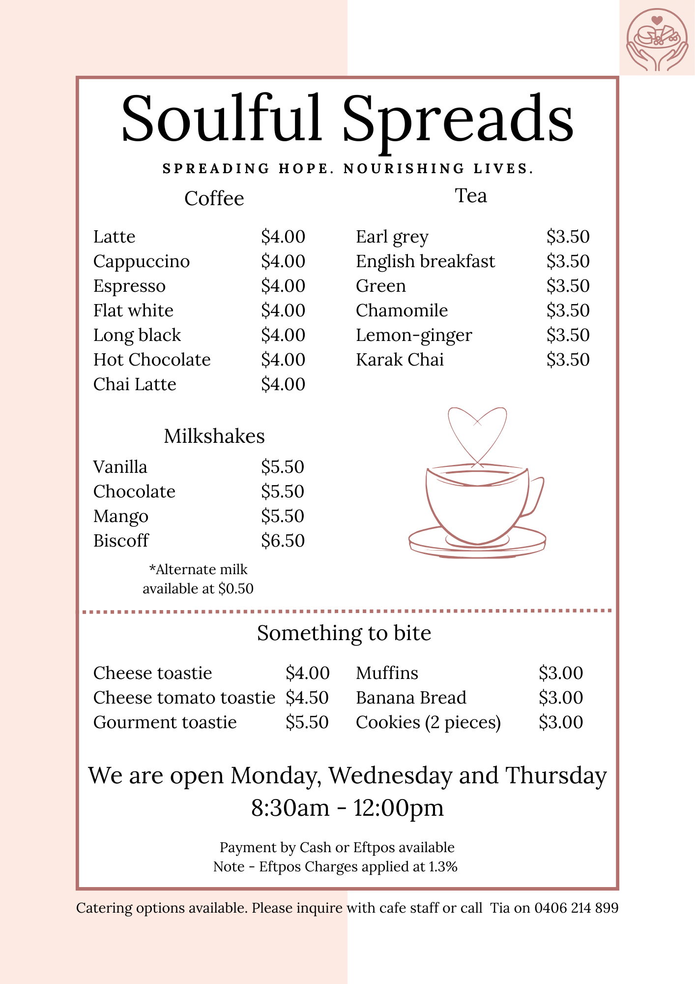 Soulful Spreads Cafe Menu showing coffee drinks from $3.50-$4.00, teas at $3.50, milkshakes from $5.50-$6.50, toasties from $4.00-$5.50, and treats at $3.00