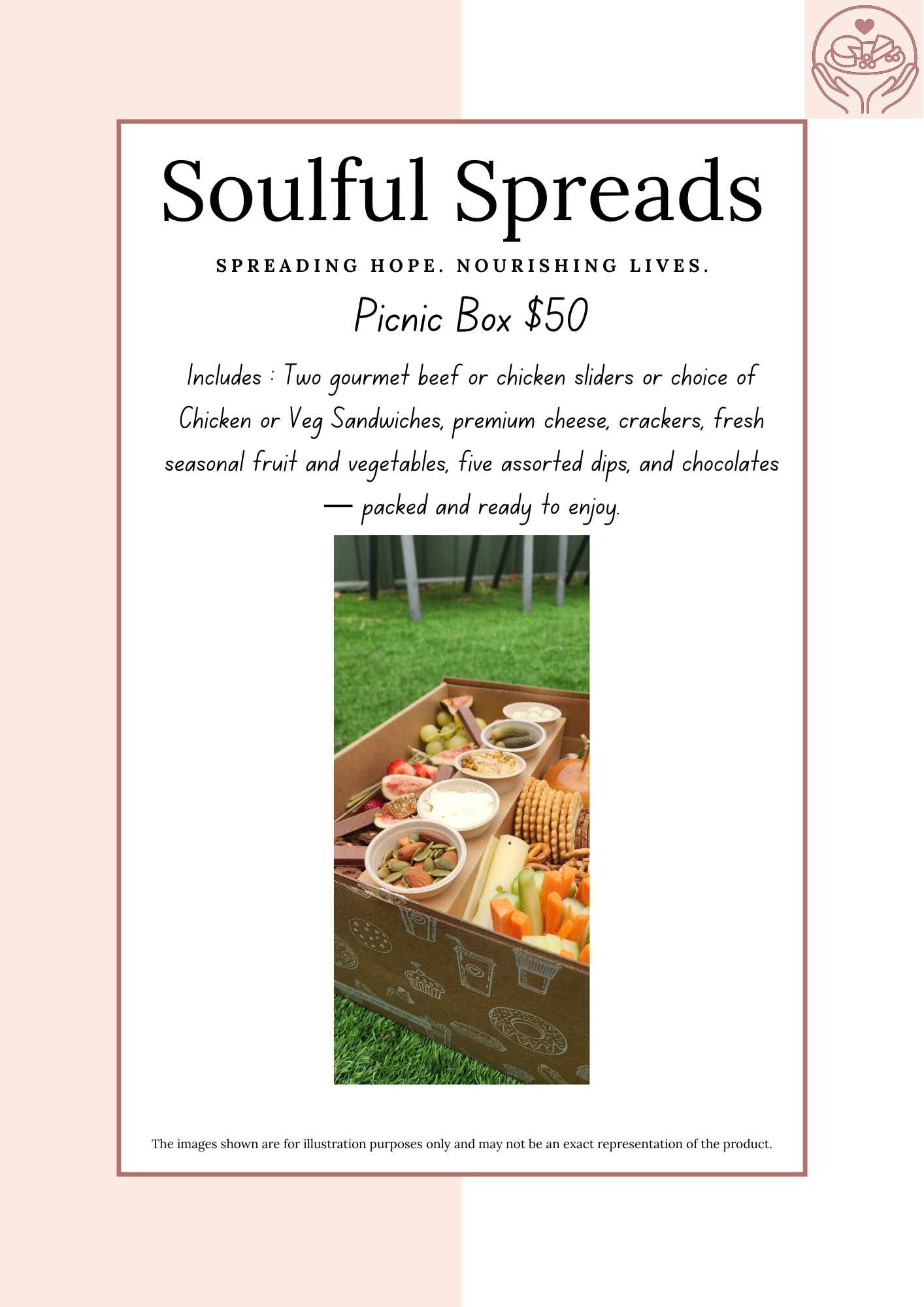 Soulful Spreads Catering Menu Page 5 - Picnic boxes including sliders or sandwiches, cheese, crackers, fruit and vegetables, dips and chocolates